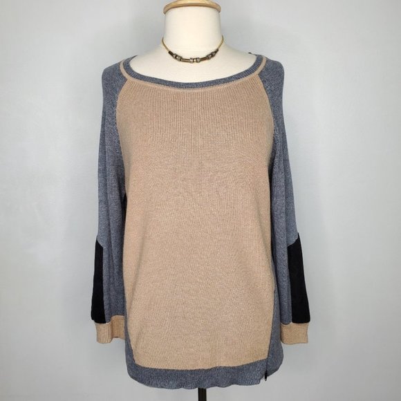 August Silk Brown Gray Black Color Block Sweater Elbow Patches Sweater Size L - Picture 1 of 12